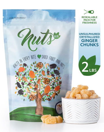 NUTS U.S. Unsulphured Crystallized Ginger Chunks, 2 lbs, No Artificial Colors, Dried Ginger in Resealable Bag
