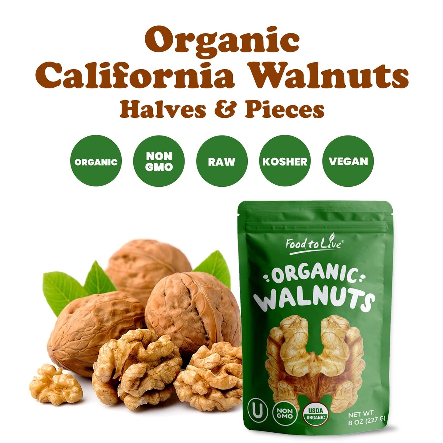 Food To Live - Organic California Walnuts Halves & Pieces, 7.5 Pounds Non-Gmo, Raw, Unsalted, Shelled, Vegan, Kosher, Sirtfood,