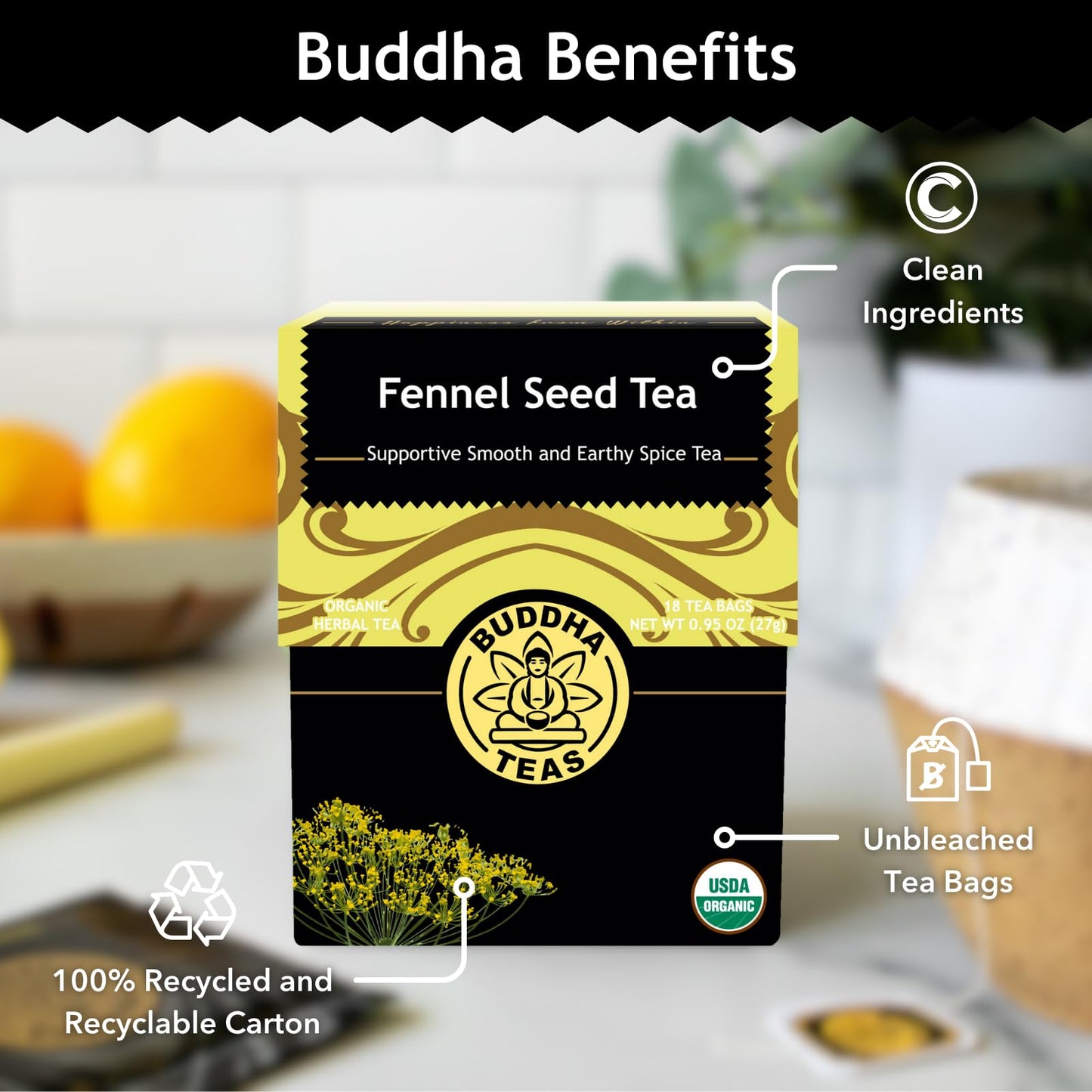Buddha Teas - Organic Fennel Seed Tea - Herbal Tea - For Health & Digestion - USDA Certified - Clean Ingredients - OU Kosher - 1