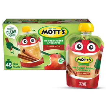 Mott'S No Sugar Added Cinnamon Applesauce, 3.2 Oz Clear Pouches, 48 Count (4 Packs Of 12), Good Source Of Vitamin C, No Artifici