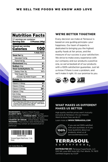 Terrasoul Superfoods Organic Dried Pitted Prunes, 1.5 Lbs - Fiber | Vitamin K | Preservative Free
