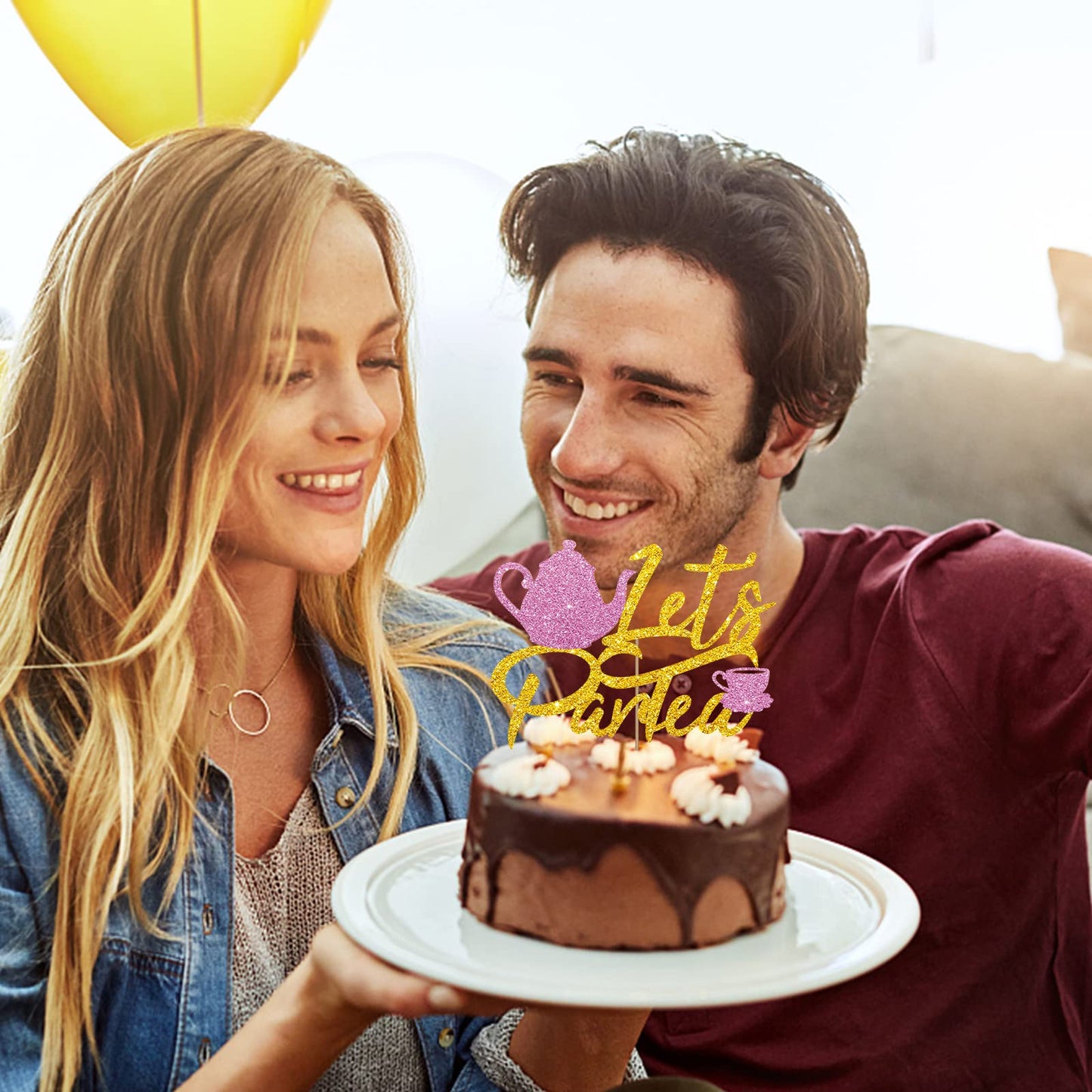 Let'S Partea Cake Topper, Tea Time Themed Party Decorations, Girl'S Tea Party Supplies - Pink & Gold Glitter