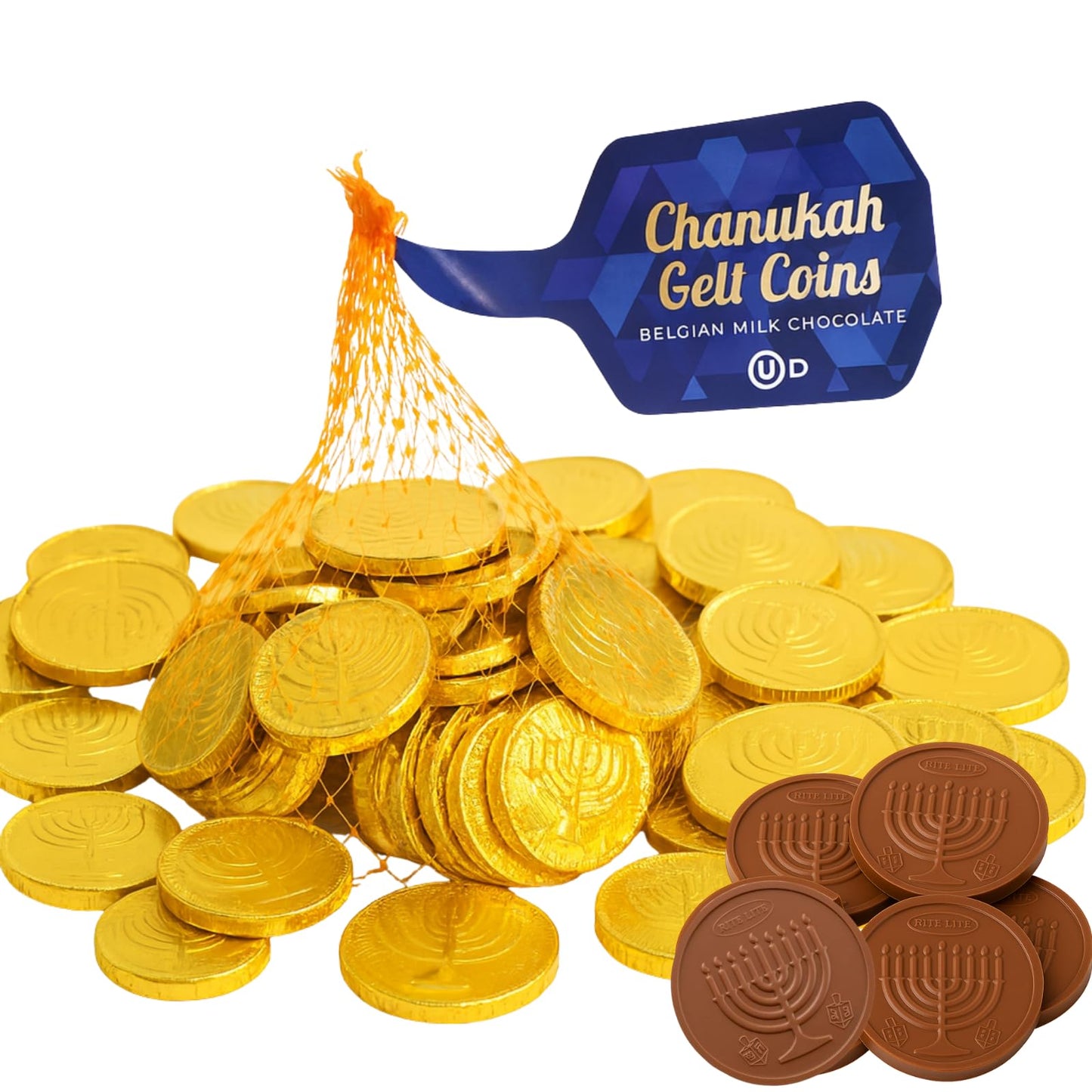 Rite Lite 50 Hanukkah Chocolate Coins Gelt Xl Bulk Mesh Bag Delicious Top-Grade Belgian Milk Chocolate Gold Foiled Menorah Oud Kosher Certified Chanukah Coin Jewish Holiday Party Hostess Gifts 170G