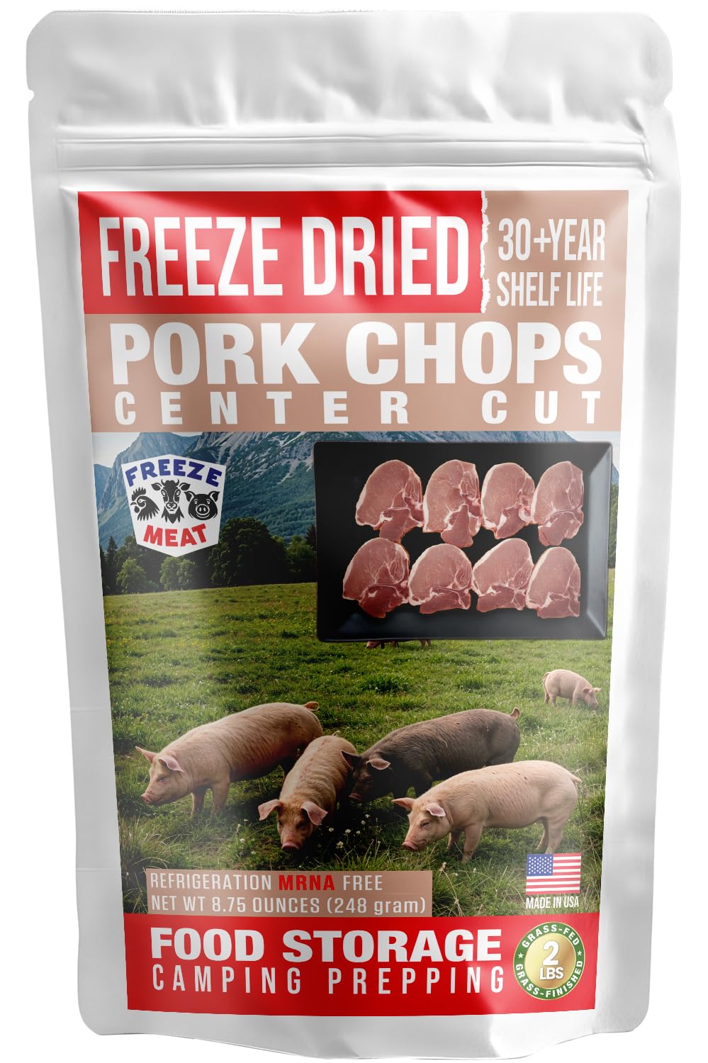 Freeze Dried Pork Chops Center Cut Uncooked | 8-Count Family Pack 2 Lbs 30-Year Shelf Life No Refrigeration Needed | Perfect For Backpacking Camping Emergencies And Food Storage | Grass-Fed - Freeze Meat - Preserving Your Future