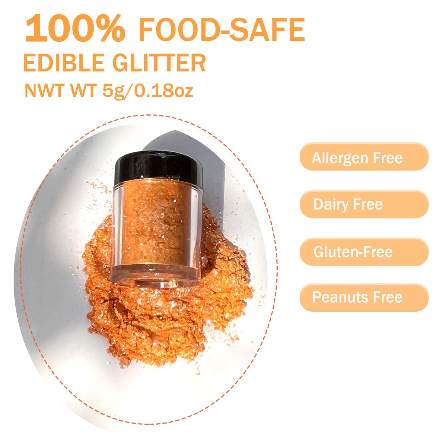 Colaele Orange Edible Glitter Powder - 5g Food Grade Luster Dust for Cake & Dessert Decorating