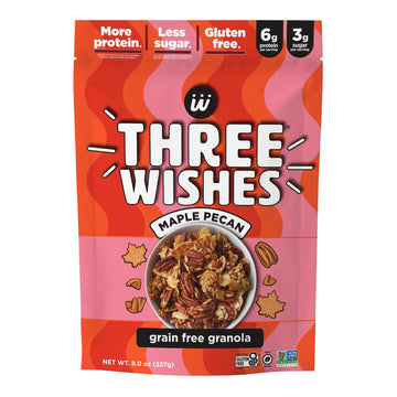 Three Wishes Granola, Maple Pecan (4-Pack) - Gluten Free Granola, 6G Protein & 3G Sugar Healthy Breakfast & On-The-Go Snack - Vegan, Kosher & Grain-Free