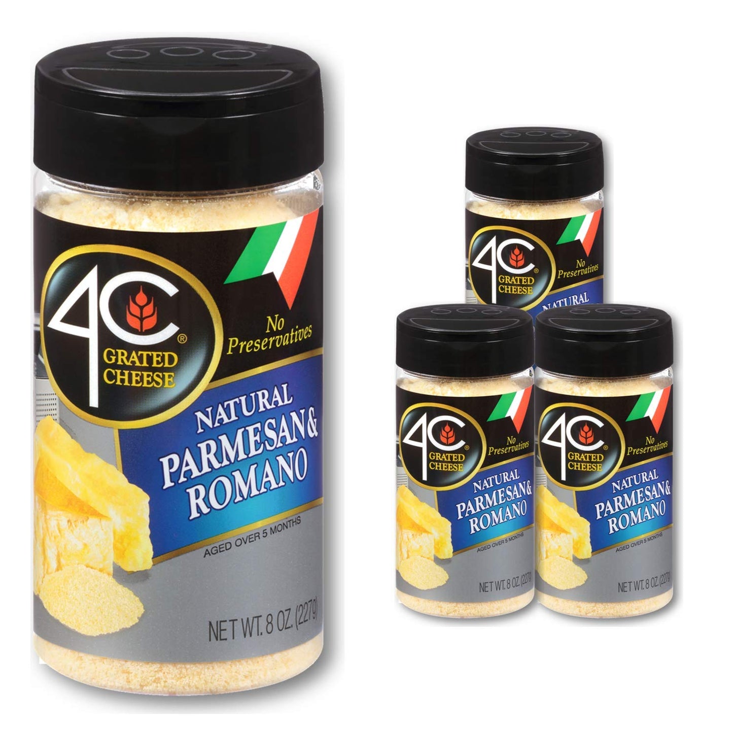 4C Top-Grade Grated Cheese Cannisters All Natural No Preservatives Perfect For Italian Pastas Lasagnas Popcorn And More (Parmesan Romano 3 Pack)