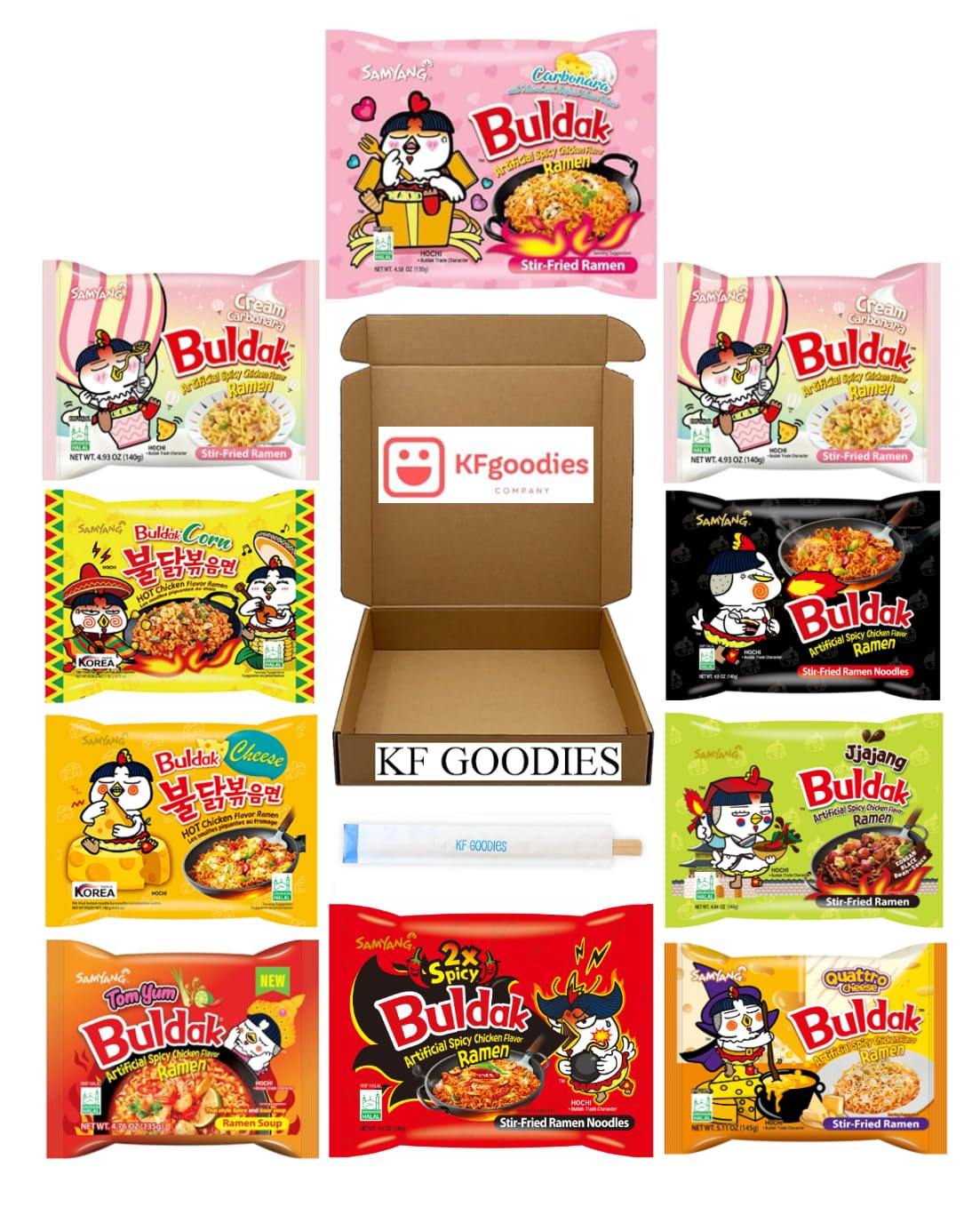 Samyang Buldak Hot Spicy Chicken Ramen Noodle Korean Stir-Fried Ramen (10, 2 Cream Carbonara, 2 Quattro Cheese, 2 Tom Yum, Chees