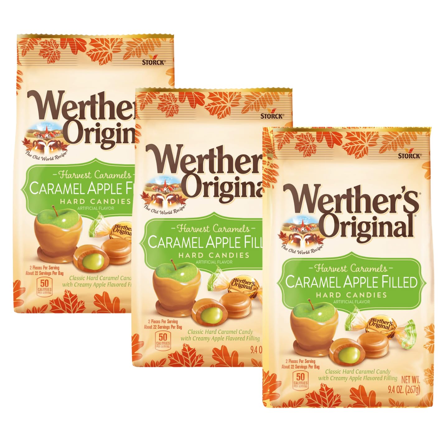 Werthers Original Caramel Apple Filled Hard Candies - Individually Wrapped Hard Candies for Halloween, Parties, or Snack - 9.4