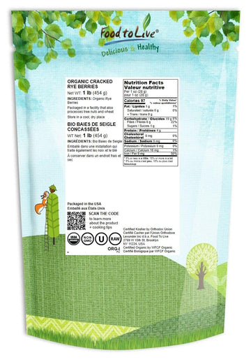 Food To Live Organic Cracked Rye Berries, 1 Pound - Non-Gmo. Crushed & Sifted Groats. Raw, Vegan, Kosher, Bulk. Broken Whole Grain, Great For Cereal & Porridge. Good Source Of Fiber & Protein