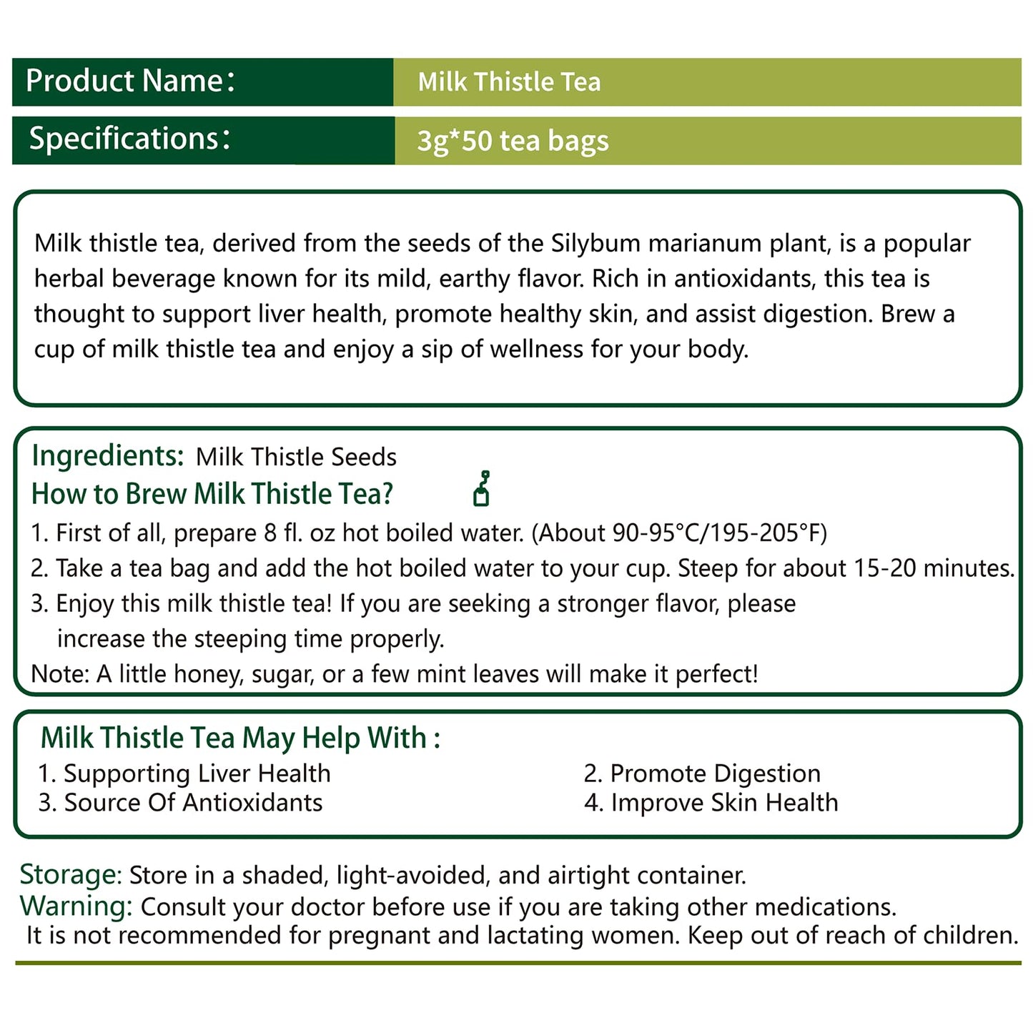 SAMCCI Milk Thistle Tea Bags - 50 Count, 100% Natural, Caffeine Free, Non-GMO, No Additives, No Sugar, Herbal Tea