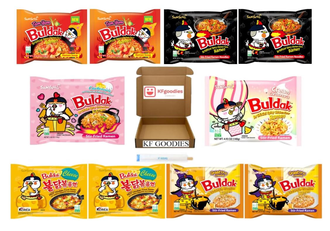 Samyang Buldak Hot Spicy Chicken Ramen Noodle Korean Stir-Fried Ramen (10, 1 Carbonara, 1 Cream Carbonara, 2 Original Spicy, 2 T