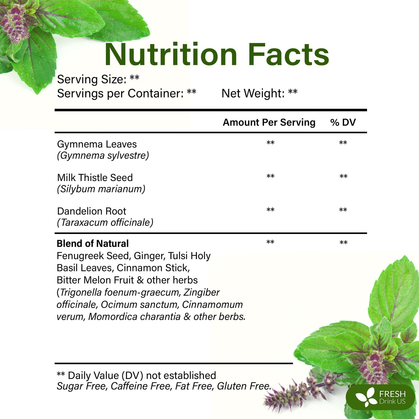 FreshDrinkUS enhanced 30 Tea Bags Glucose Functional Tea - Herbal Blend with Gymnema Cinnamon Bitter Melon Tulsi & More -- Caffeine-Free. Sugar-Free. Gluten-Free. Vegan