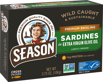 Season Brisling Sardines in Extra Virgin Olive Oil - Wild Caught, 13g of Protein, Keto Snacks, More Omega 3's Than Tuna, High in