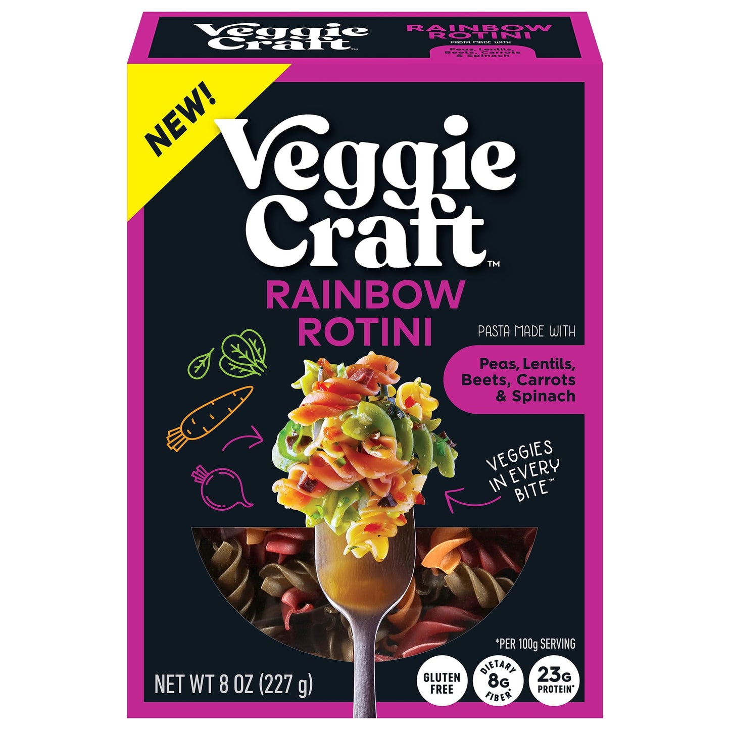 Veggiecraft Farms Rainbow Rotini Pasta - Lentil Protein Pasta with Pea & Spinach Gluten Free Noodles High Fiber Vegan 23 g Protein Per Serving - 8 oz (Pack of 1)