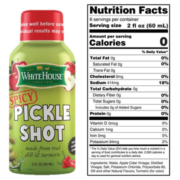 White House Spicy Pickle Shots with Dill & Turmeric, Hydrating Juice, 2 Fl Oz (Pack of 6) - Helps Stop Muscle Cramps