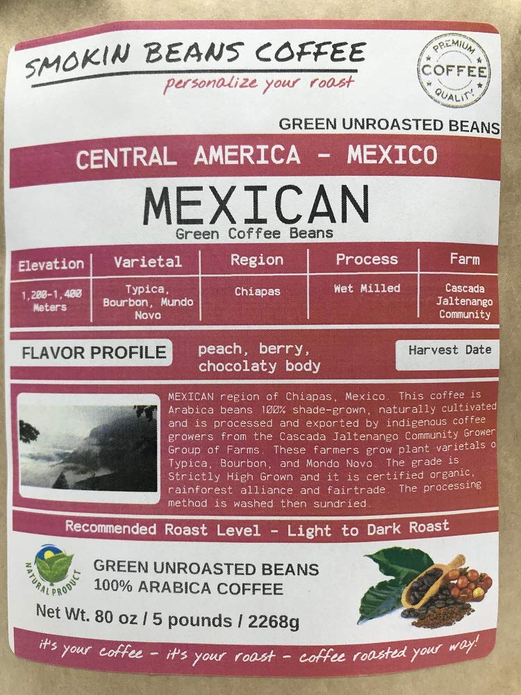 Smokin Beans Mexican Specialty-Grade Green Unroasted Coffee Beans, 80 Ounce, Finca Nextlalpa, Altura Grade, Chocolate & Nut Flavor