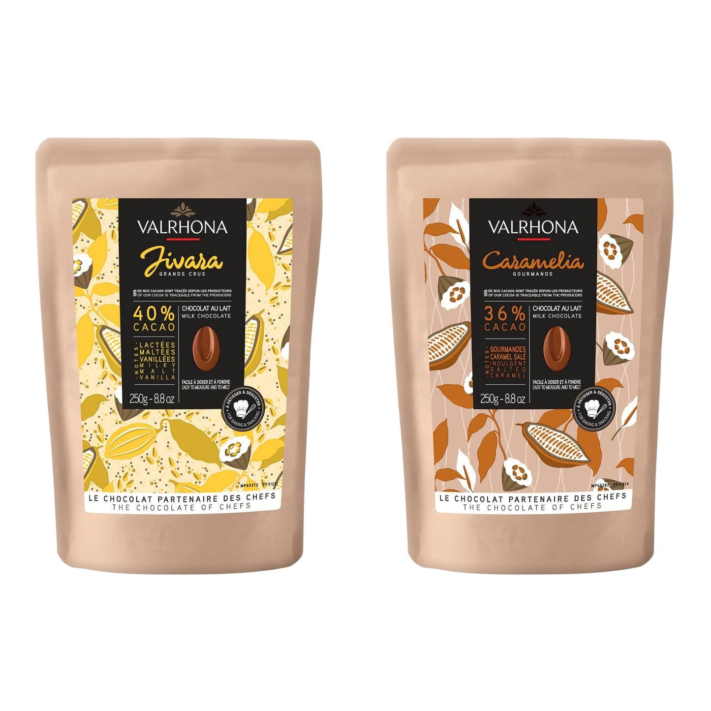 Valrhona Top-Grade Baking Chocolate Discs (Feves) Creamy Milk Jivara 40% W/Hints Of Vanilla And Malt And Caramelia 36% Cacao. Creamy Caramel Salted Butter Notes For Cookies Cakes And More