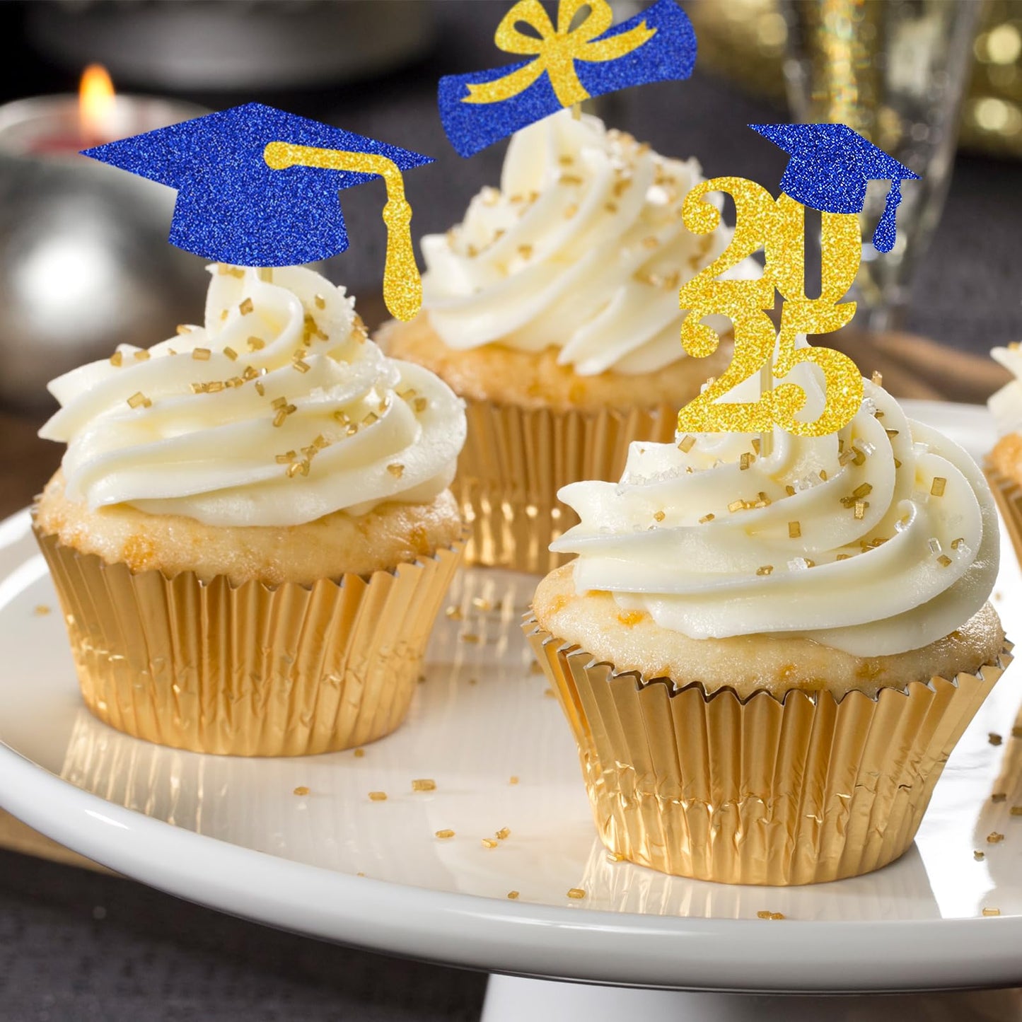 DOMOO OF DREAMS Graduation Cupcake Toppers, Blue Gold, Paper, 2x1.05 inches, 24 PCS, Grad Party Decoration