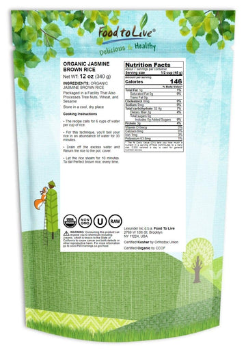 Food To Live Organic Brown Jasmine Rice, 12 Ounces - Non-Gmo, Whole-Grain Rice, Long-Grain Variety, Non-Irradiated, Kosher, Vega
