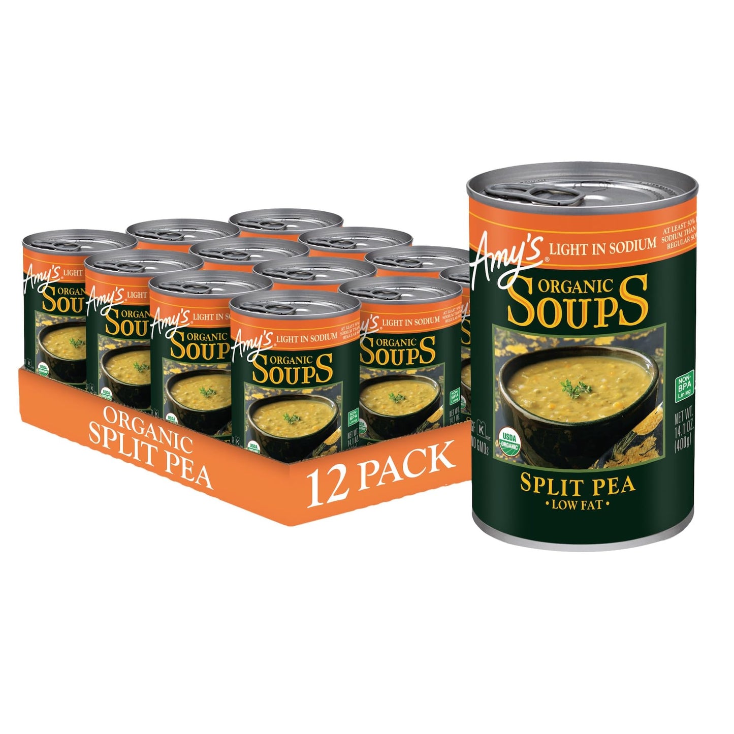 Amy'S Soup, Vegan Split Pea Soup, Light In Sodium, Gluten Free, Made With Organic Vegetables, Canned Soup, 14.1 Oz (12 Pack)