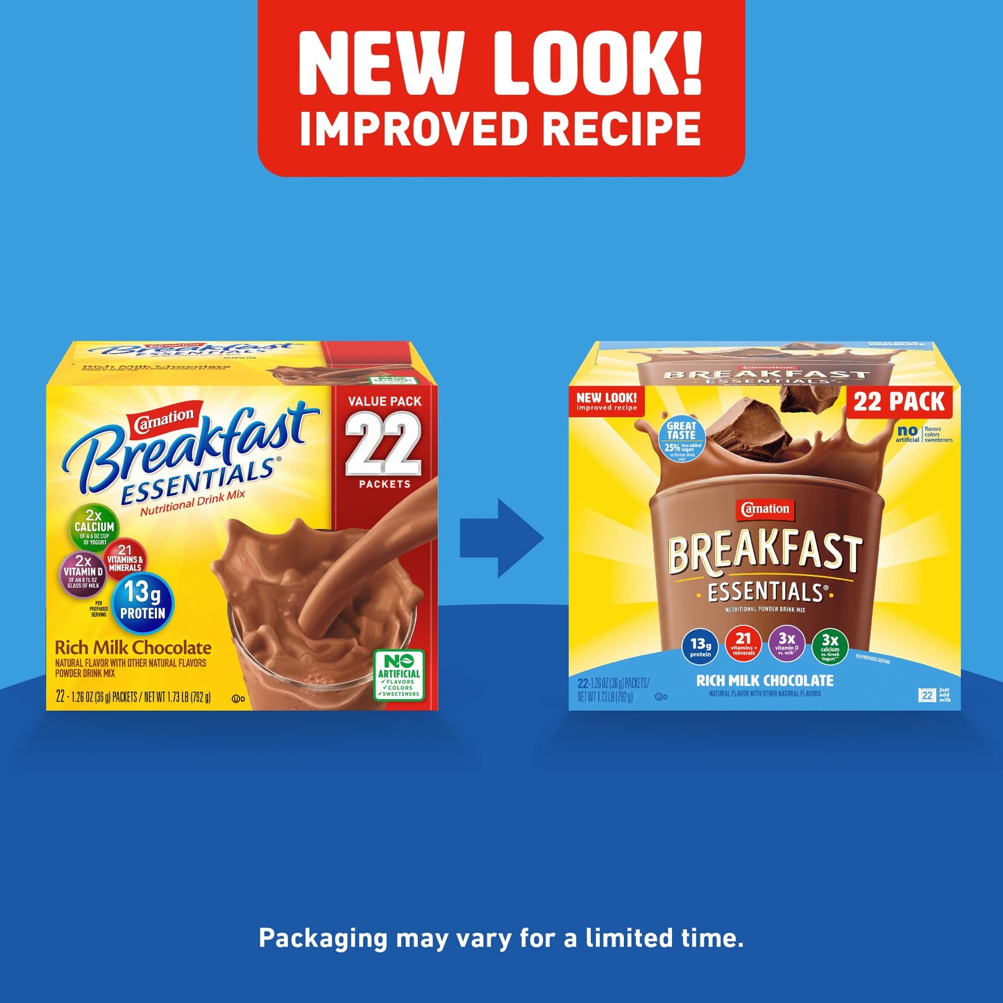 Carnation Breakfast Essentials Powder Drink Mix, Rich Milk Chocolate, 22 Count Box Of 1.26 Ounce Packets