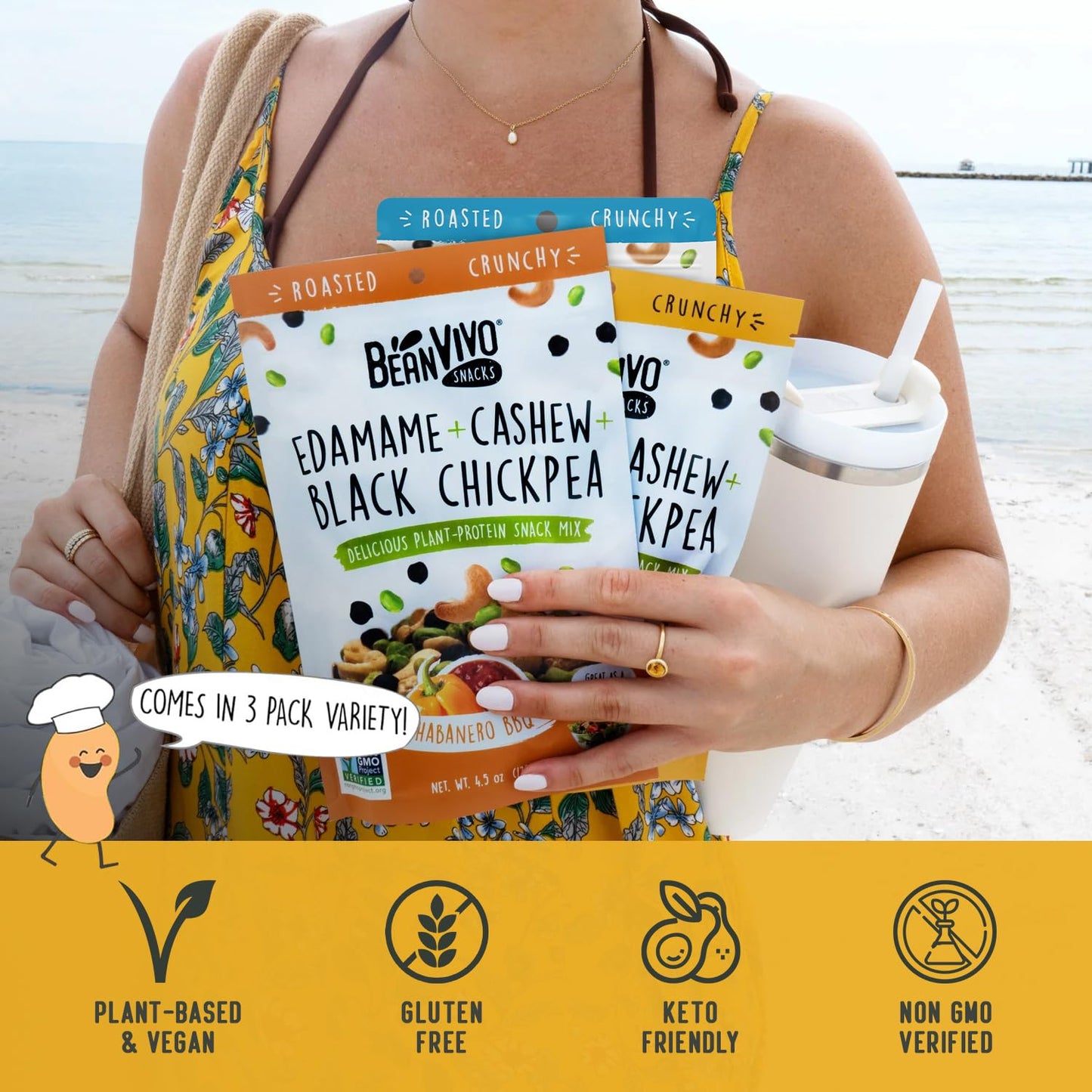 BeanVIVO Plant Based Protein Snacks - (7 Gram Protein) Sea Salt, Habanero BBQ & Dill Pickle with Dried Edamame, Roasted Cashew a