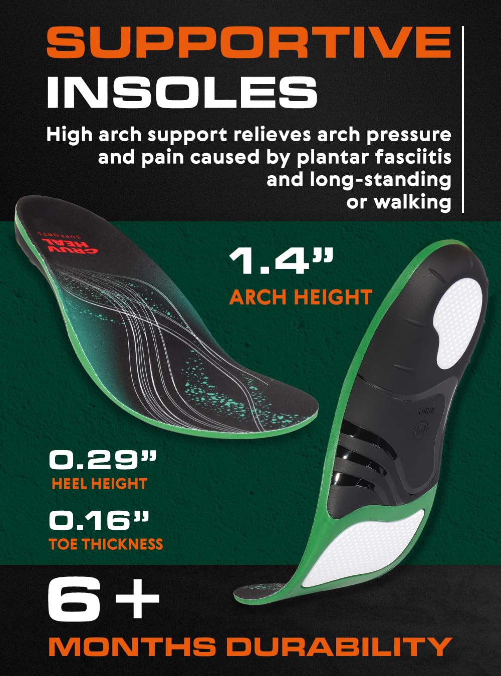 (Pro Grade) 220+ Lbs Plantar Fasciitis High Arch Support Insoles Men Women - Orthotic Shoe Inserts For Arch Pain Relief - Boot W