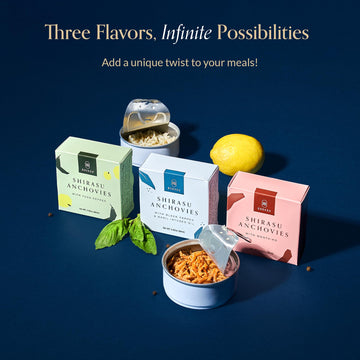 Bokksu Tinned Shirasu Anchovies Variety Pack (3-Pack) - Explore All Flavors - Black Pepper & Basil-Infused Oil, Yuzu Pepper, And