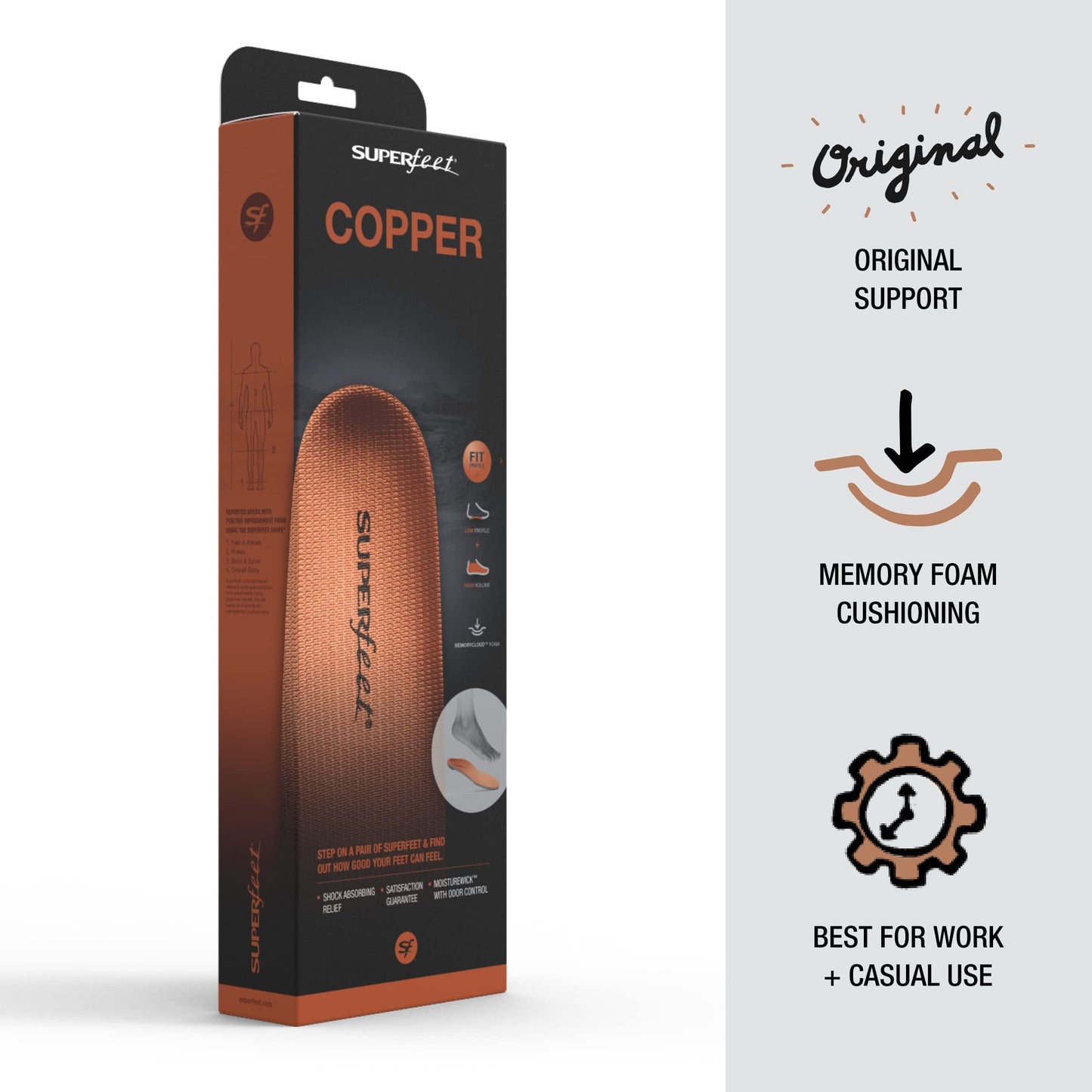 Superfeet Copper - Cushioning Memory Foam Arch Support Insole - 5.5-7 Men / 6.5-8 Women