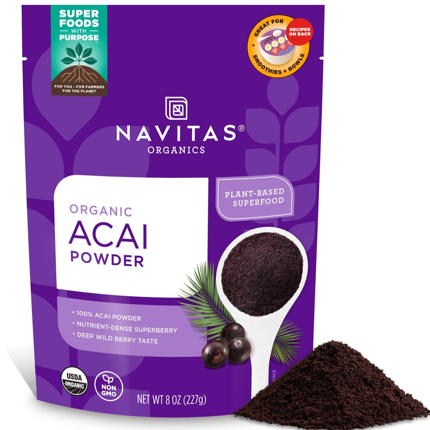 Navitas Organics Acai Powder 8 Oz Bag 76 Servings - Organic Non-Gmo Freeze-Dried Gluten-Free