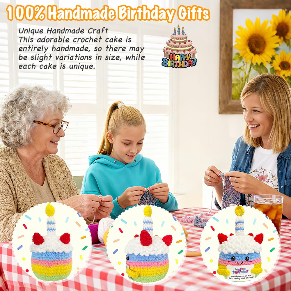 Happy Birthday Gifts For Women Her Girls Unique Emotional Support Crochet Positive Cake Plush Birthday Gift For Best Friend, Small Crochet Animal With Bday Card For Teen Mom Grandma Daughter Sister