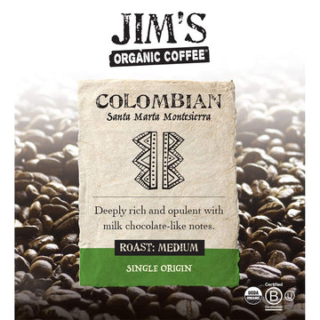 Jims Organic Coffee - Colombian - Single Origin, Medium Roast - Whole Bean, 5 Lb Bag