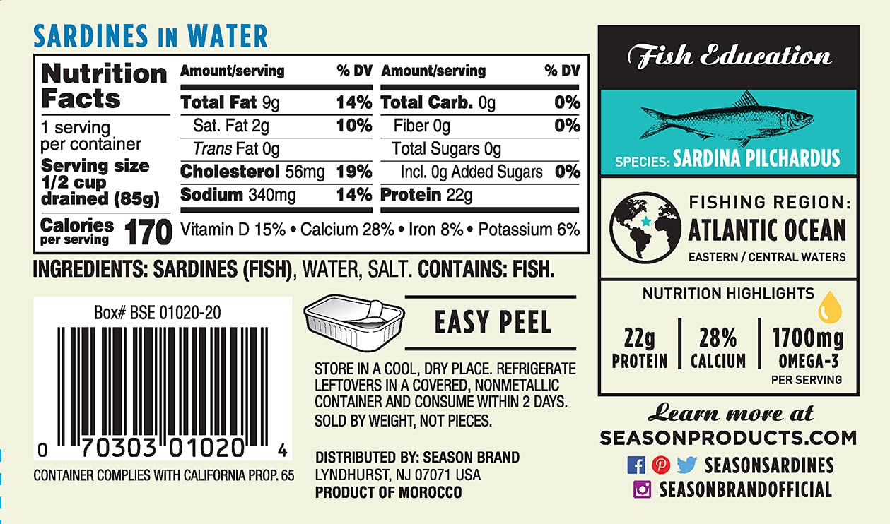 Season Sardines in Water - Wild Caught Fish, 22g of Protein, Keto Snacks, More Omega 3's Than Tuna, High in Calcium, Canned Sard