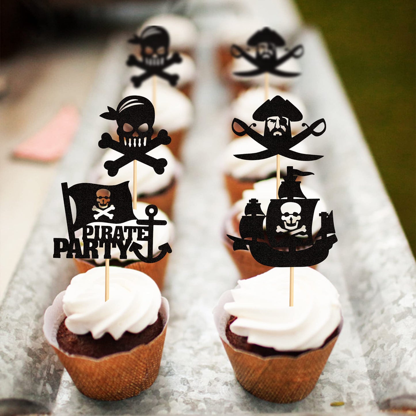Ercadio 24 Pack Pirate Cupcake Toppers Black Glitter Nautical Sailing Cupcake Picks Pirate Theme Baby Shower Kids Birthday Party