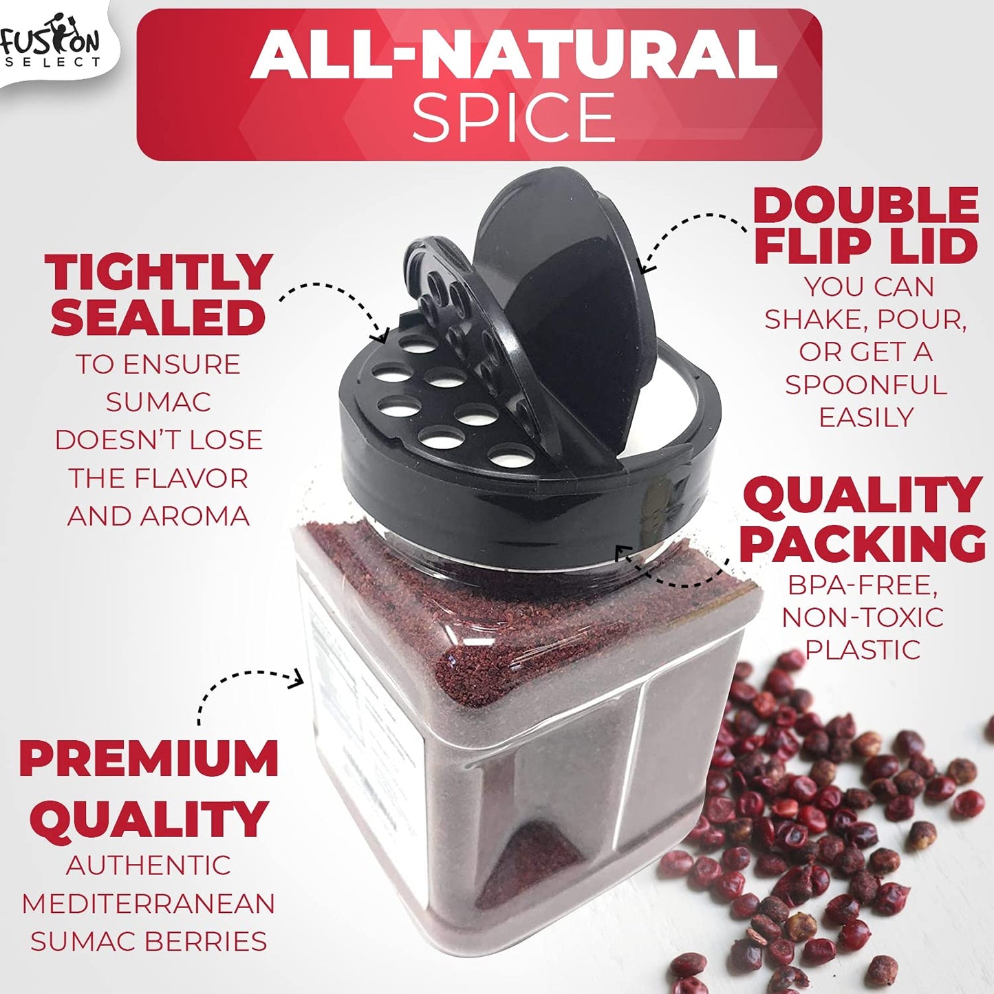 Fusion Select 100% Pure Sumac Spice, 100% Natural Sumac Powder | No Salt | Non-Gmo | Middle Eastern Spices | Sumac Seasoning | Double Lids Jar (7 Ounce)