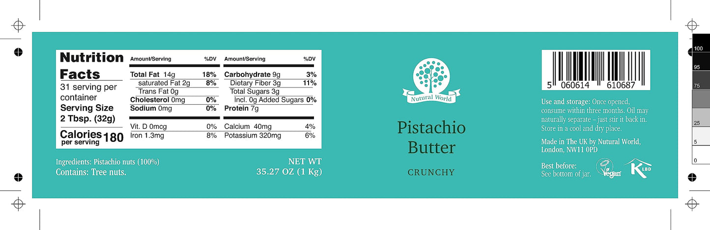 Nutural World - Crunchy Pistachio Butter 35 Oz (1Kg) / 100% Pure Single Ingredient - Great Taste Award Winner