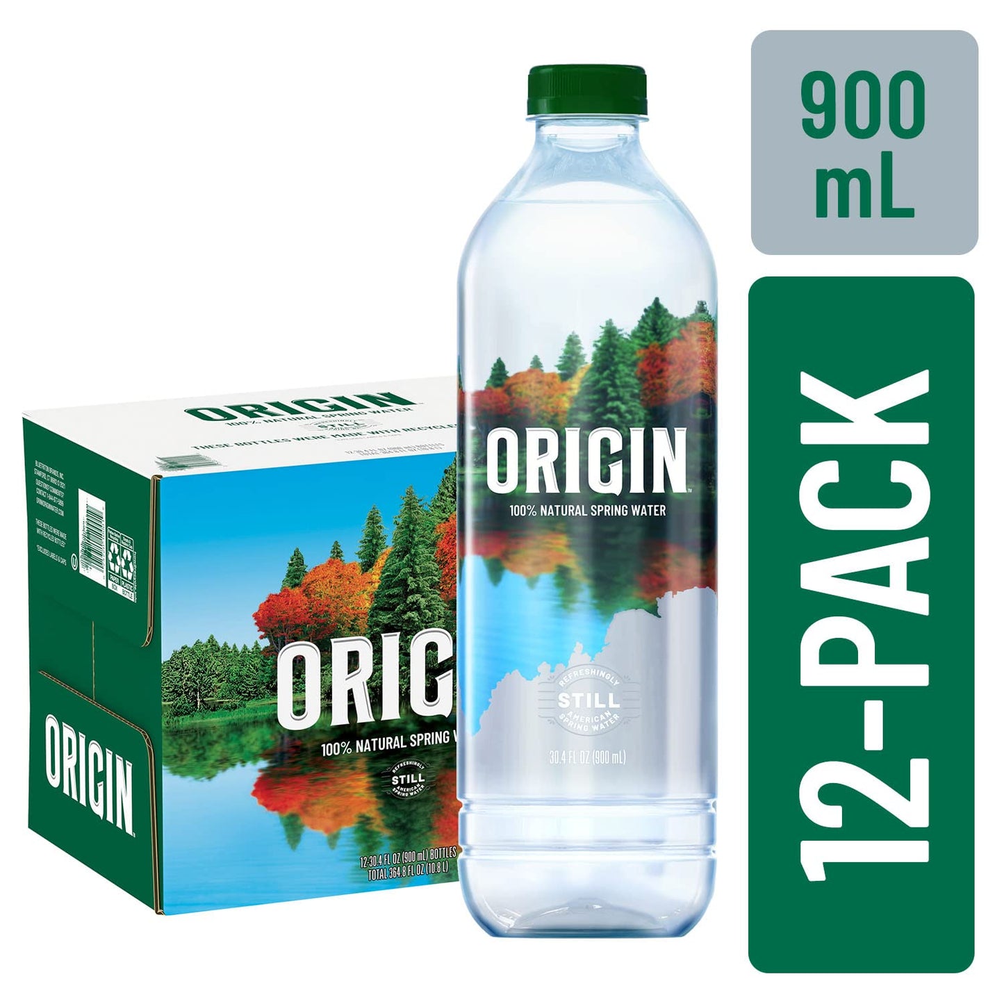 ORIGIN Natural Spring Water, 900 mL, 30.4 Fl Oz, Recycled Plastic Bottle, Pack of 12 - Pure Hydration for Every Occasion