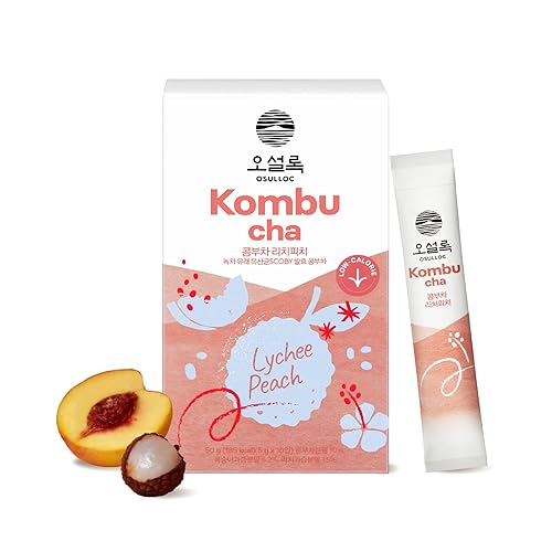 Osulloc Kombucha Tea Lycheepeach (Lychee & Peach Blending), Sparkling Powdered Mix Beverage, No Added Sugar, 10 Sticks, 1.76Oz