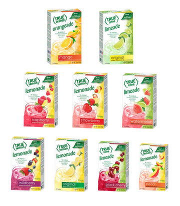True Lemon STRAWBERRY, WILDBERRY, LIMEADE, WATERMELON, BLACK CHERRY, MANGO ORANGE, PEACH, LEMONADE, RASPBERRY 10ct each box. Cit