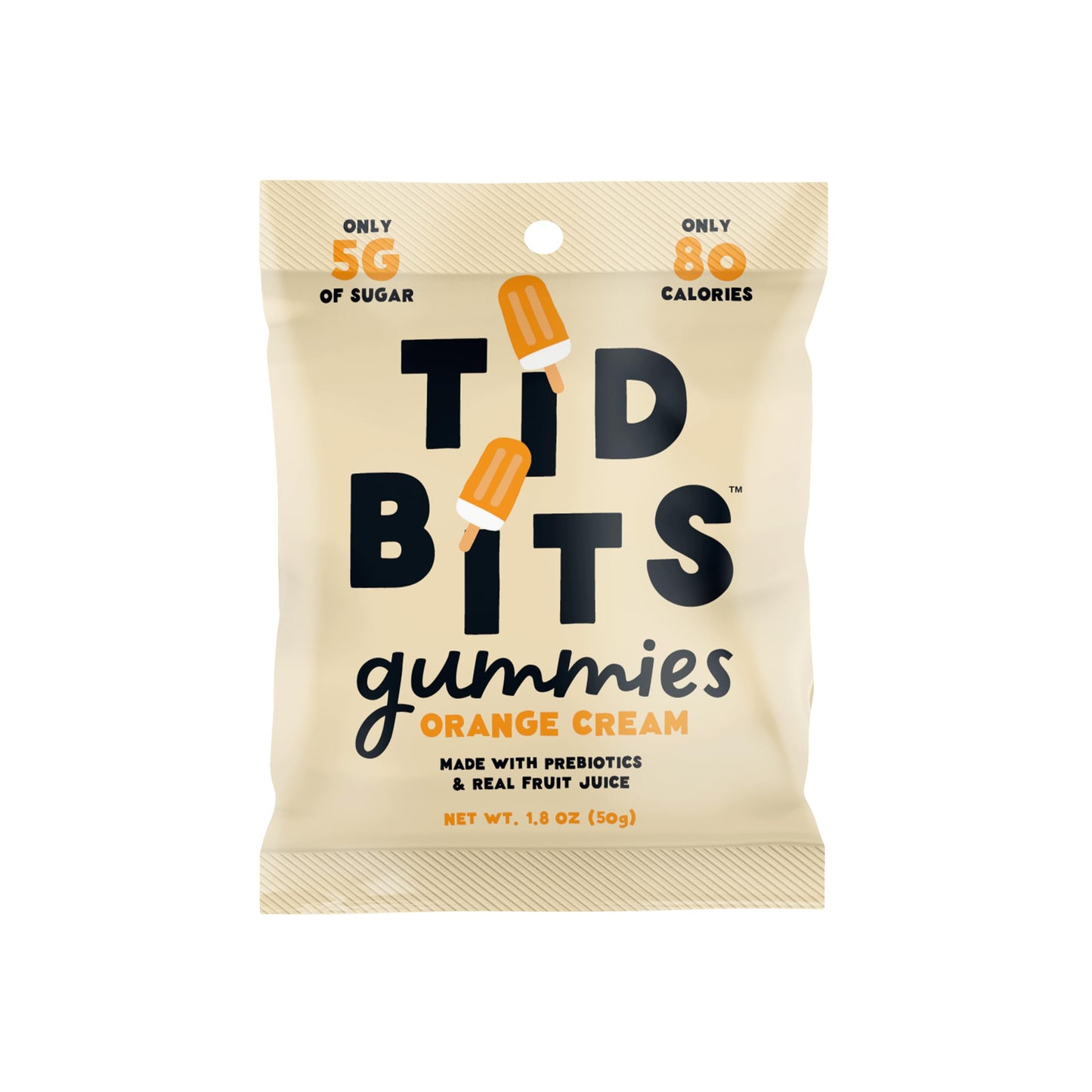 TiDBiTS Gummy Candies Orange Cream 1.8oz (Pack of 12) with Low Sugar (5g), Low Calorie (80), No Artificial Sweeteners, Plant-Bas