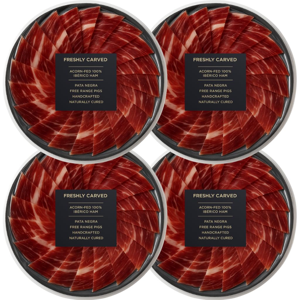 Iberico Acorn-Fed Ham - Sliced Jamon Pata Negra 3 Oz | Top-Grade Spanish Dry-Supports Wellnessd Ham Gourmet Charcuterie 100% Bellota Rich Flavor Imported Iberian Delicacy (Four Pack 4 Count)