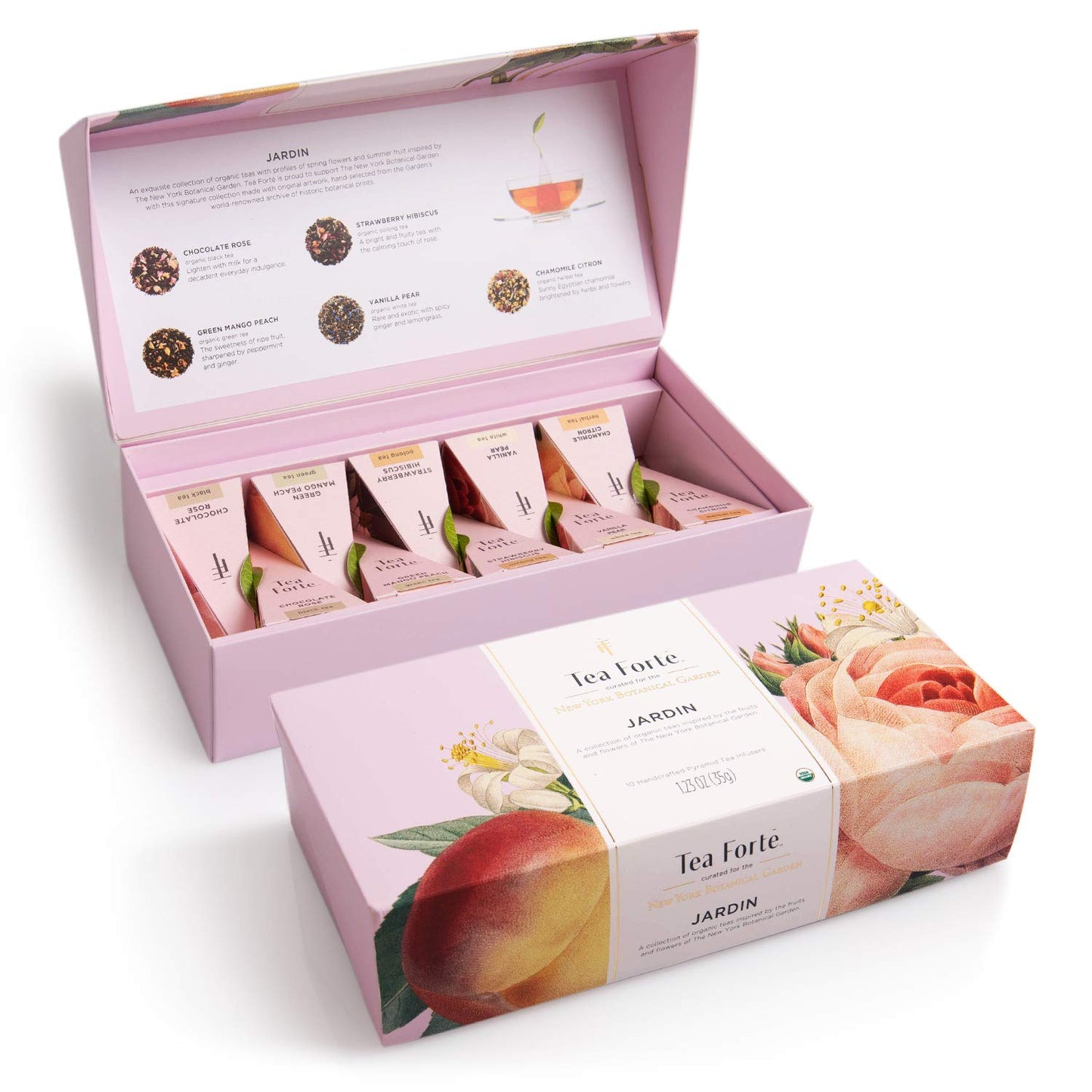 Tea Forte Jardin Organic Fruit, Herb And Flower Teas, Petite Presentation Box Tea Sampler Gift Set With 10 Handcrafted Pyramid Tea Bag Infusers