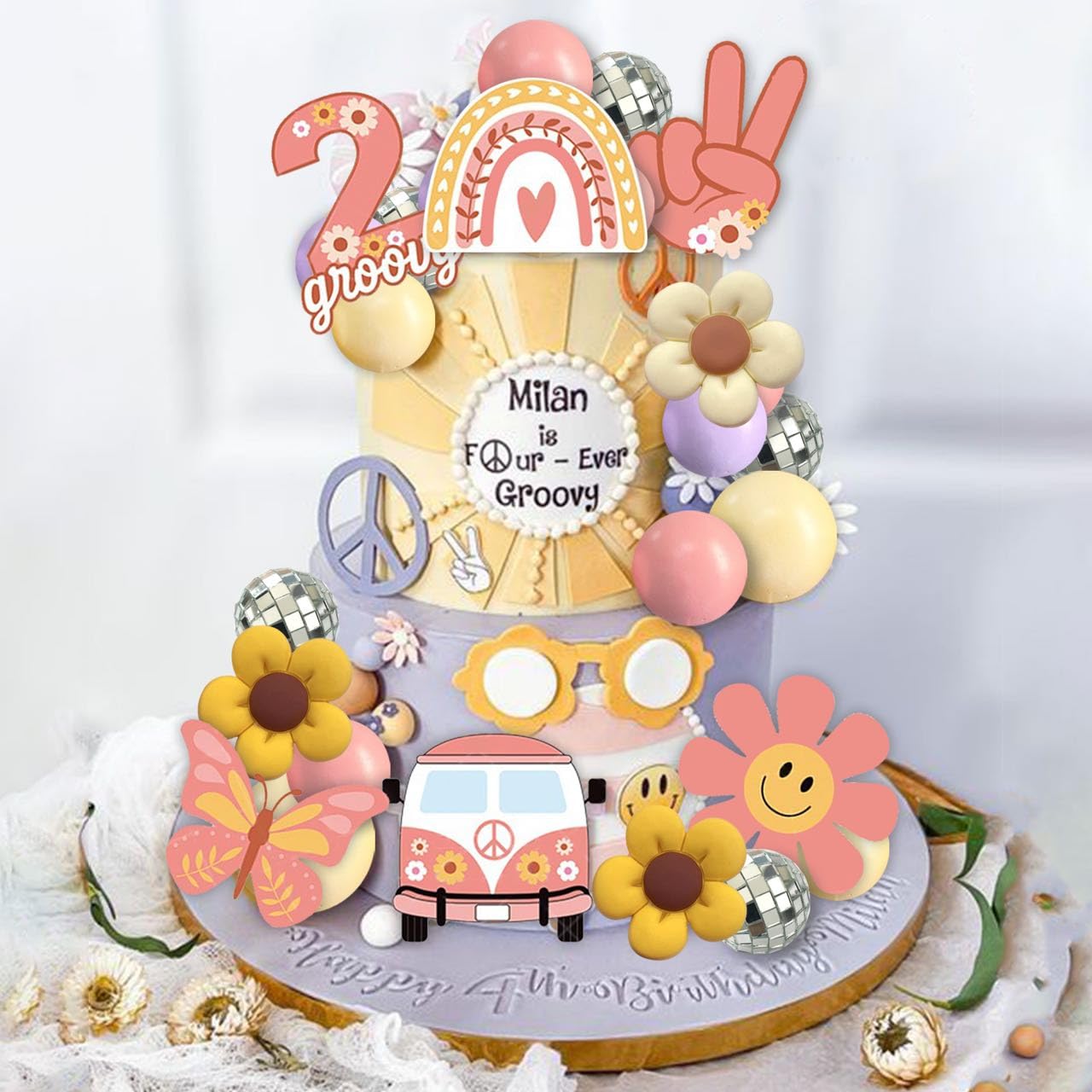 Ufromsky 57Pcs Groovy Cake Topper Boho Rainbow Cupcake Toppers Hippie Cake Decoration With Disco Balls And Daisy Flower Bus For