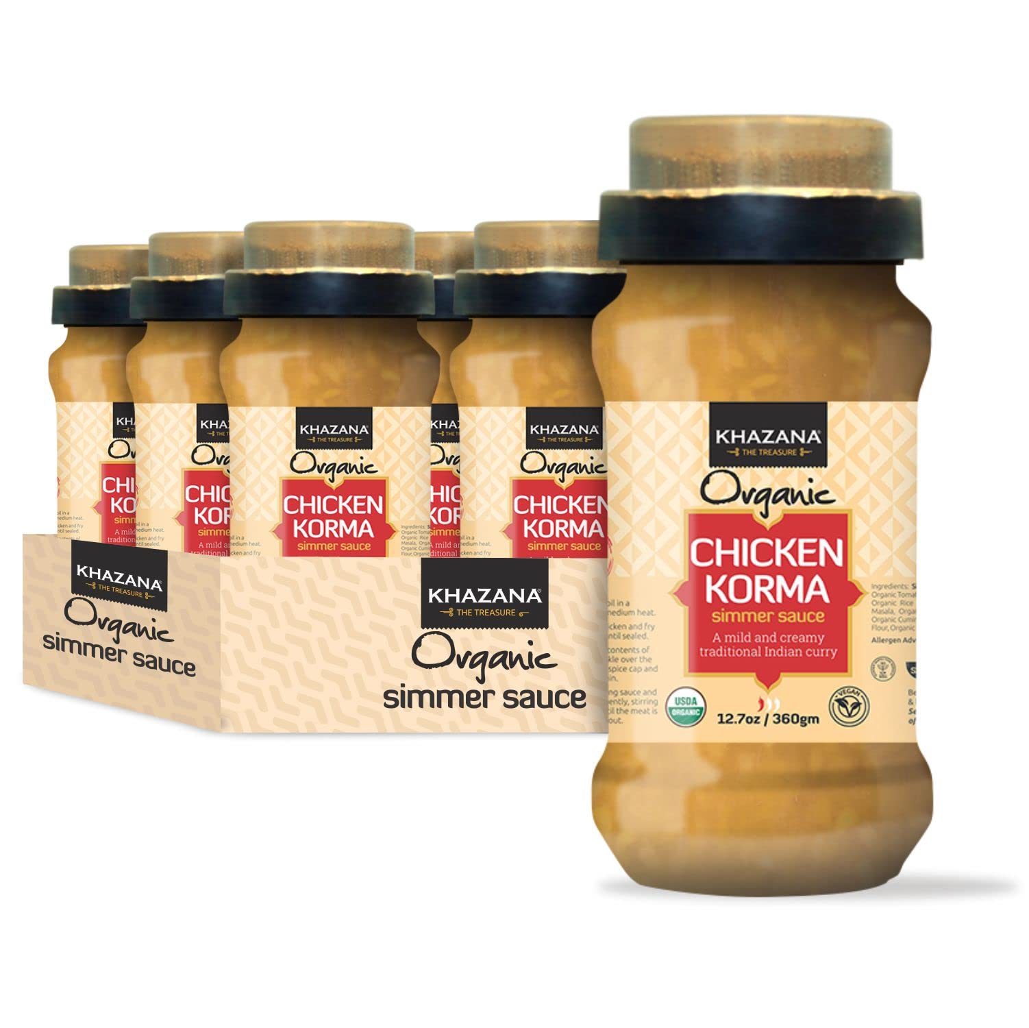 Khazana Organic Chicken Korma Indian Simmer Sauce - 6 X 12.7Oz Jars | Non-Gmo, Vegan, Gluten Free, Kosher | Authentic Indian Mea