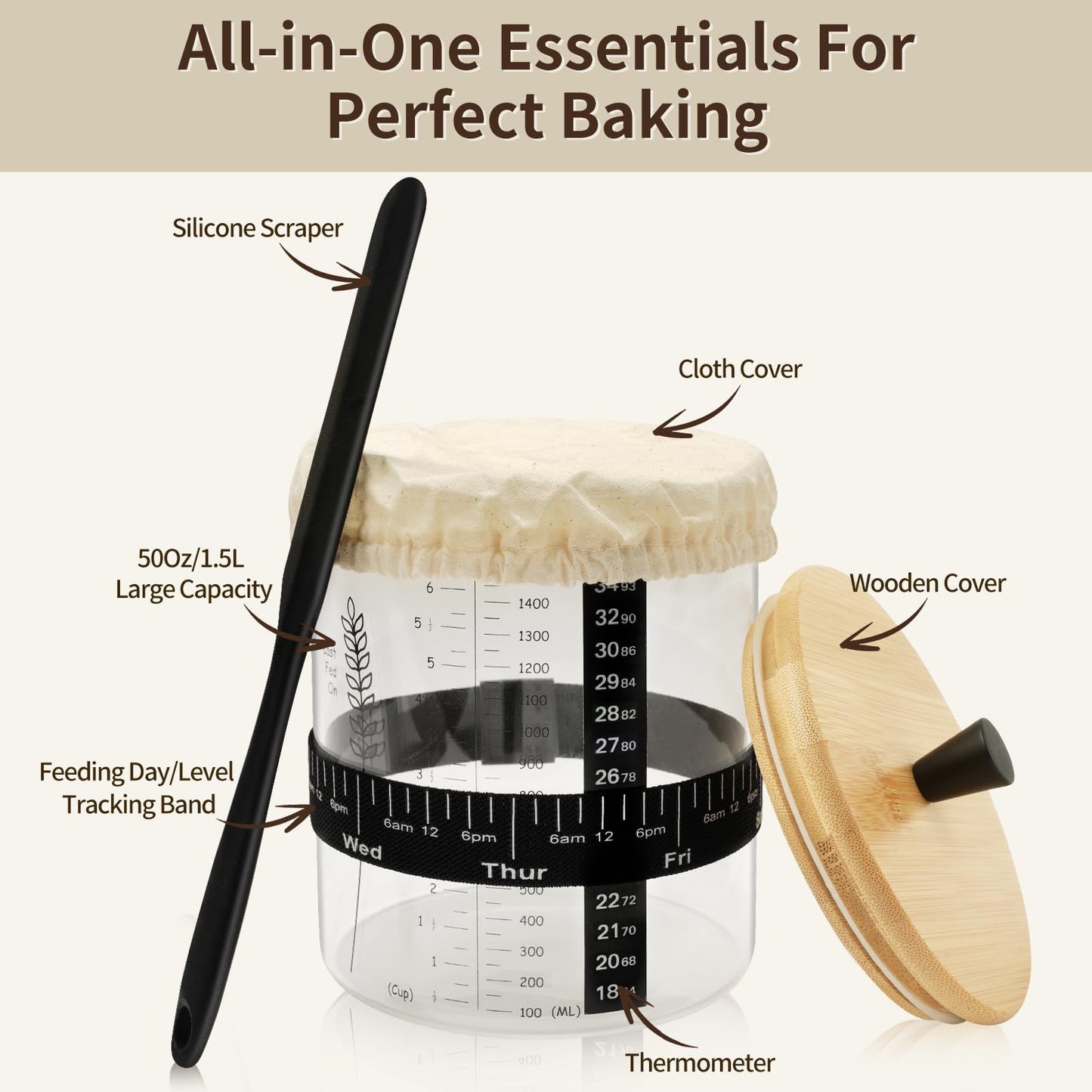 Rakovar Sourdough Starter Jar, 50oz Wide Mouth with Lid, Date Tracker, Black