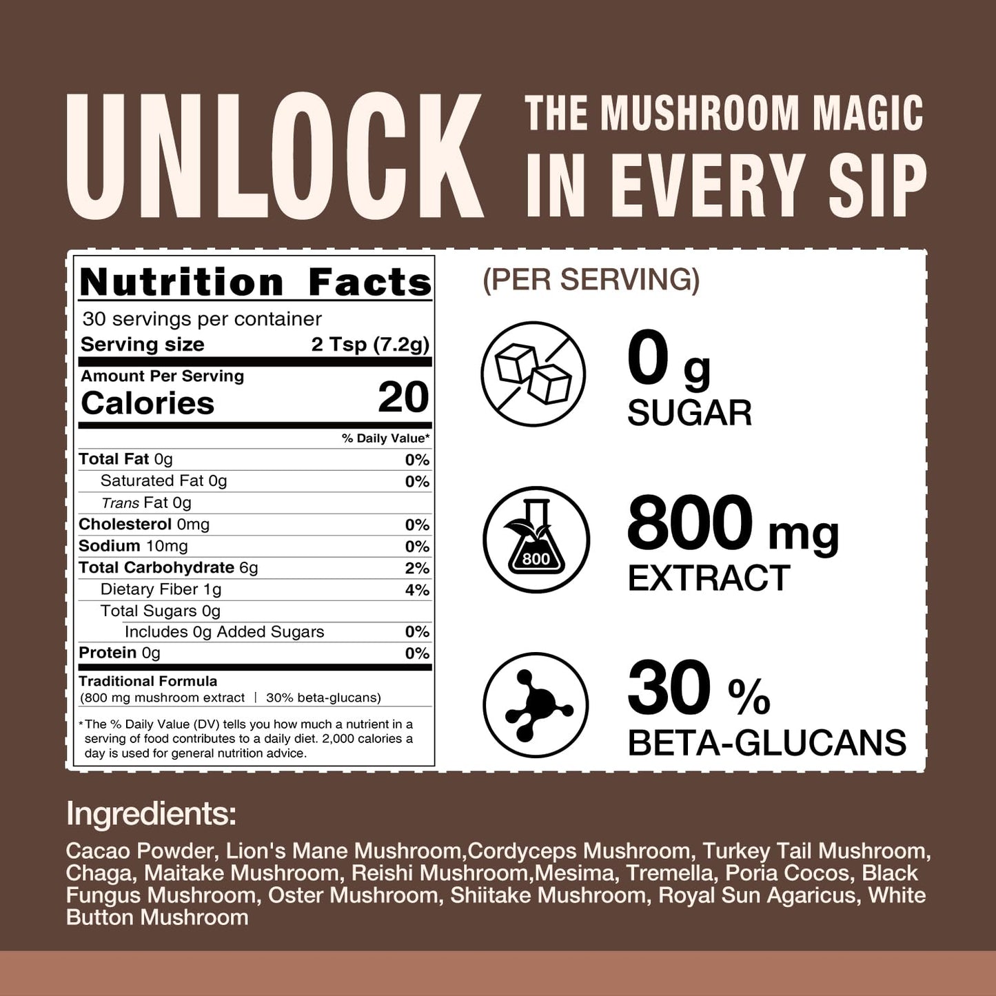 Mushroom Coffee Alternative 14 In 1 - 30 Servings, Cacao With 800Mg Mushrooms - Lion'S Mane, Reishi, Maitake, Turkey Tail, Chaga