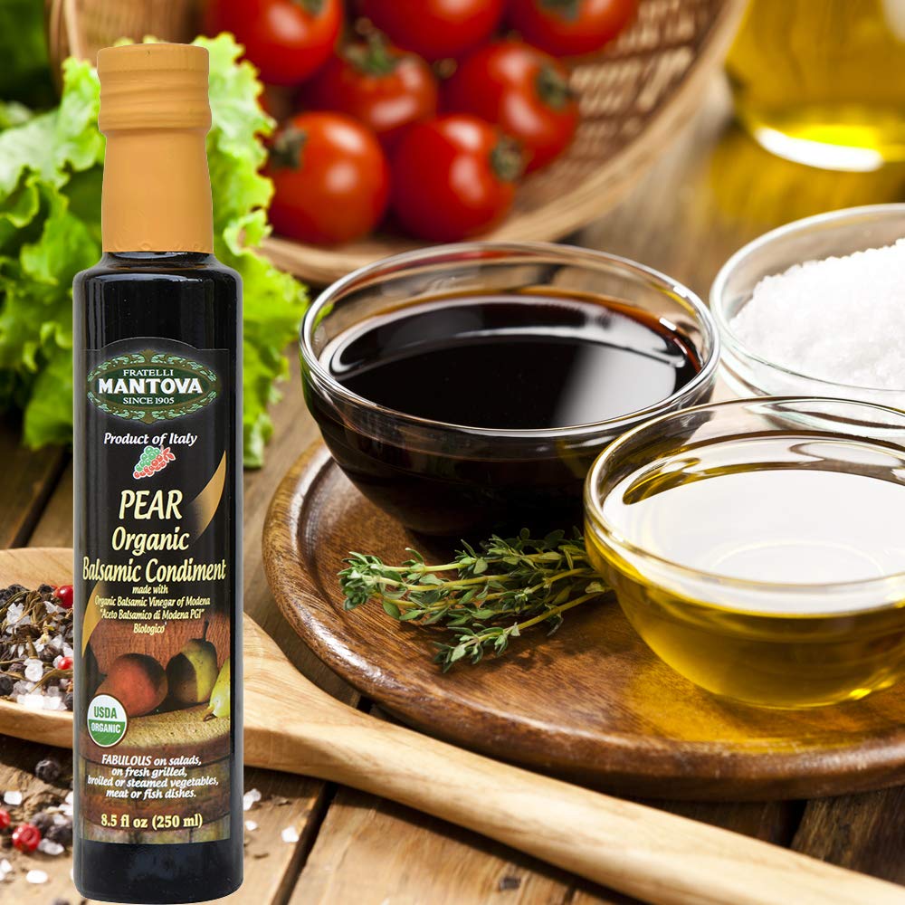 Mantova Organic Pear Balsamic Vinegar, 8.5 Fl Oz, Perfect for Salad Dressing and Cocktails