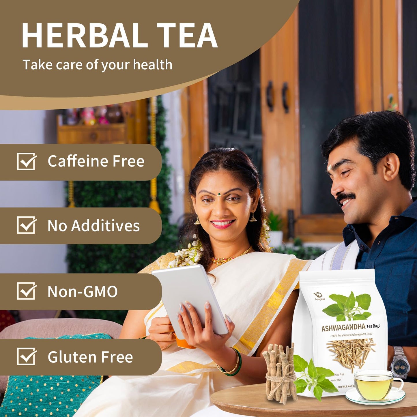 Tempoak Ashwagandha Root Herbal Tea Bags - 60 Caffeine-Free Bags, Pure & Natural