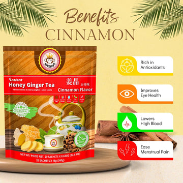 Meekus Premium Ginger Tea Bags & Crystals - Instant Honey Ginger Tea Packets, 18G X 20 Sachets (Cinnamon, 1 Pack)